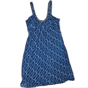 Y2K Boho Silk Dress Womens Medium Large Blue Geometric Peacock Beaded Intuitions